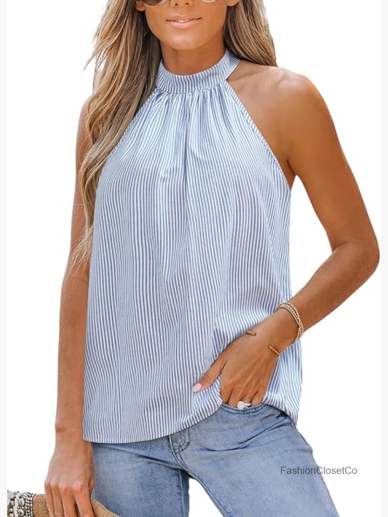 Sleeveless V-Neck Striped Tank Top Button Front Tee